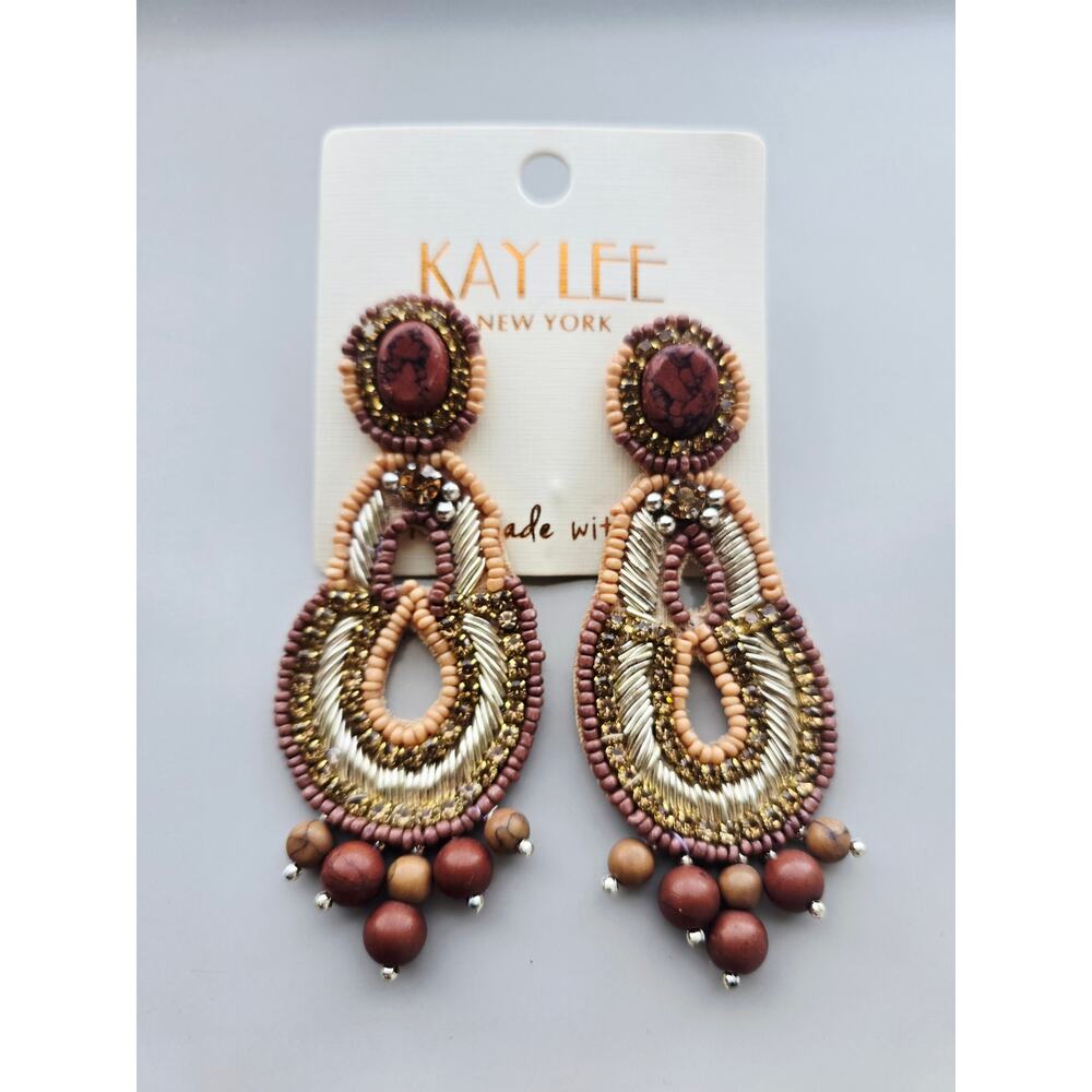 Kay Lee Brown Beaded Boho Earrings New